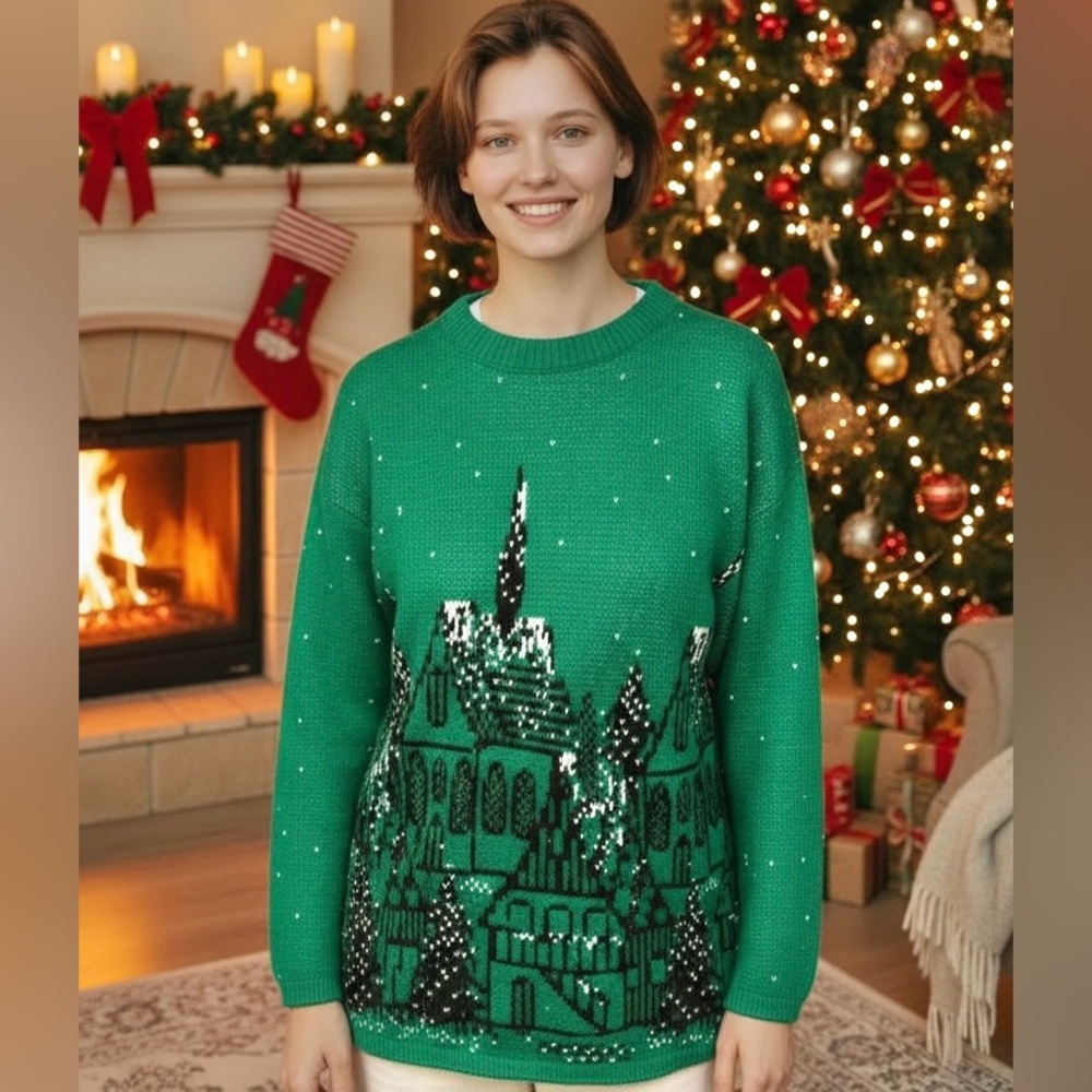 Vtg Precious Knits 20W Green Christmas Village Scene Sweater Snow On Church